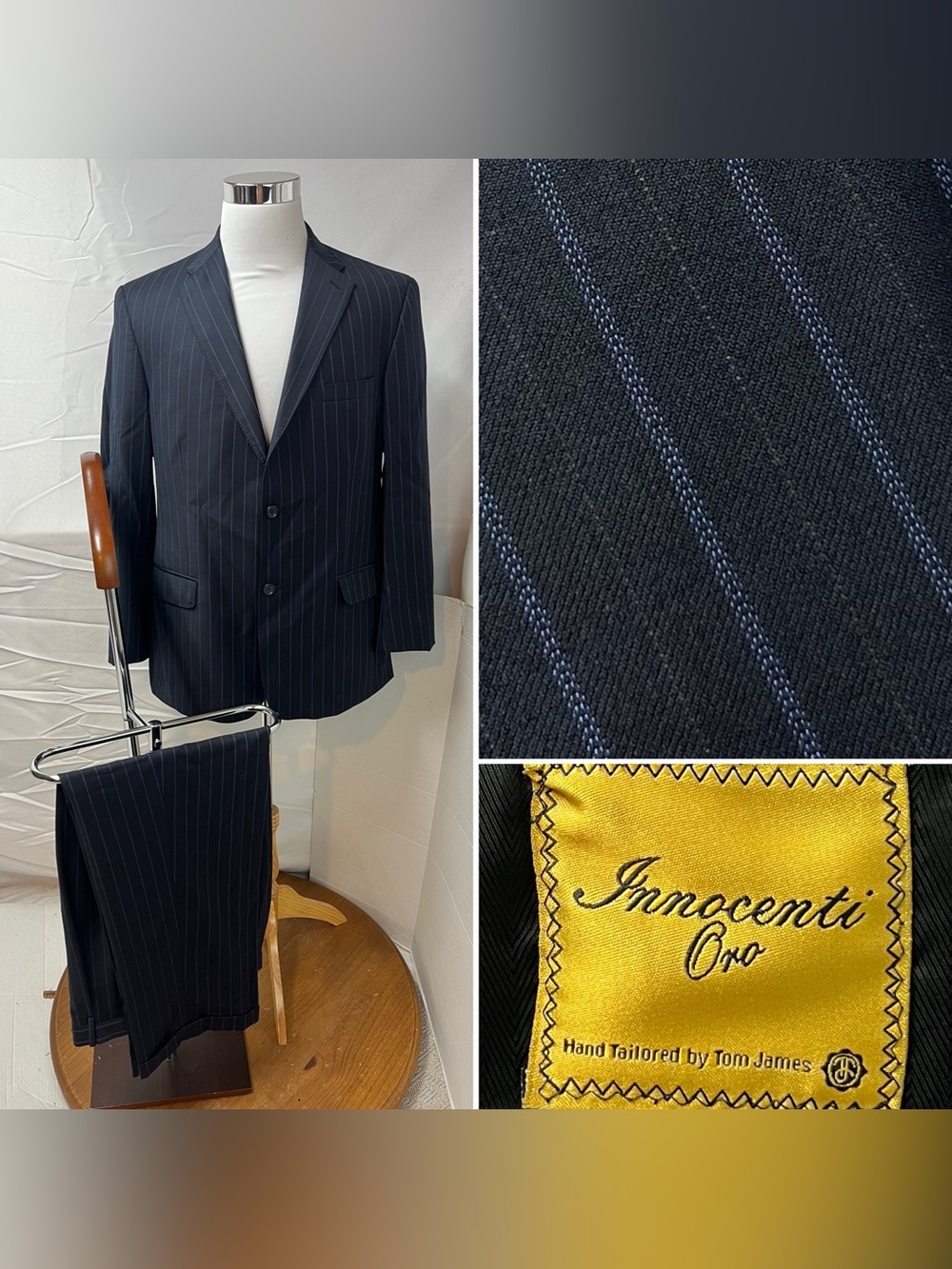 Tom James Innocenti Oro Men's 43R Blazer 35x30 Pants Navy Blue Pinstripe Suit
